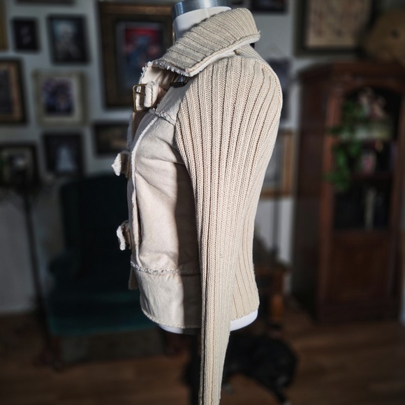 Y2K Glimmer Faux Shearling Buckle Jacket Cream Knit Sleeve Moto Sweater Jacket - Picture 6 of 7
